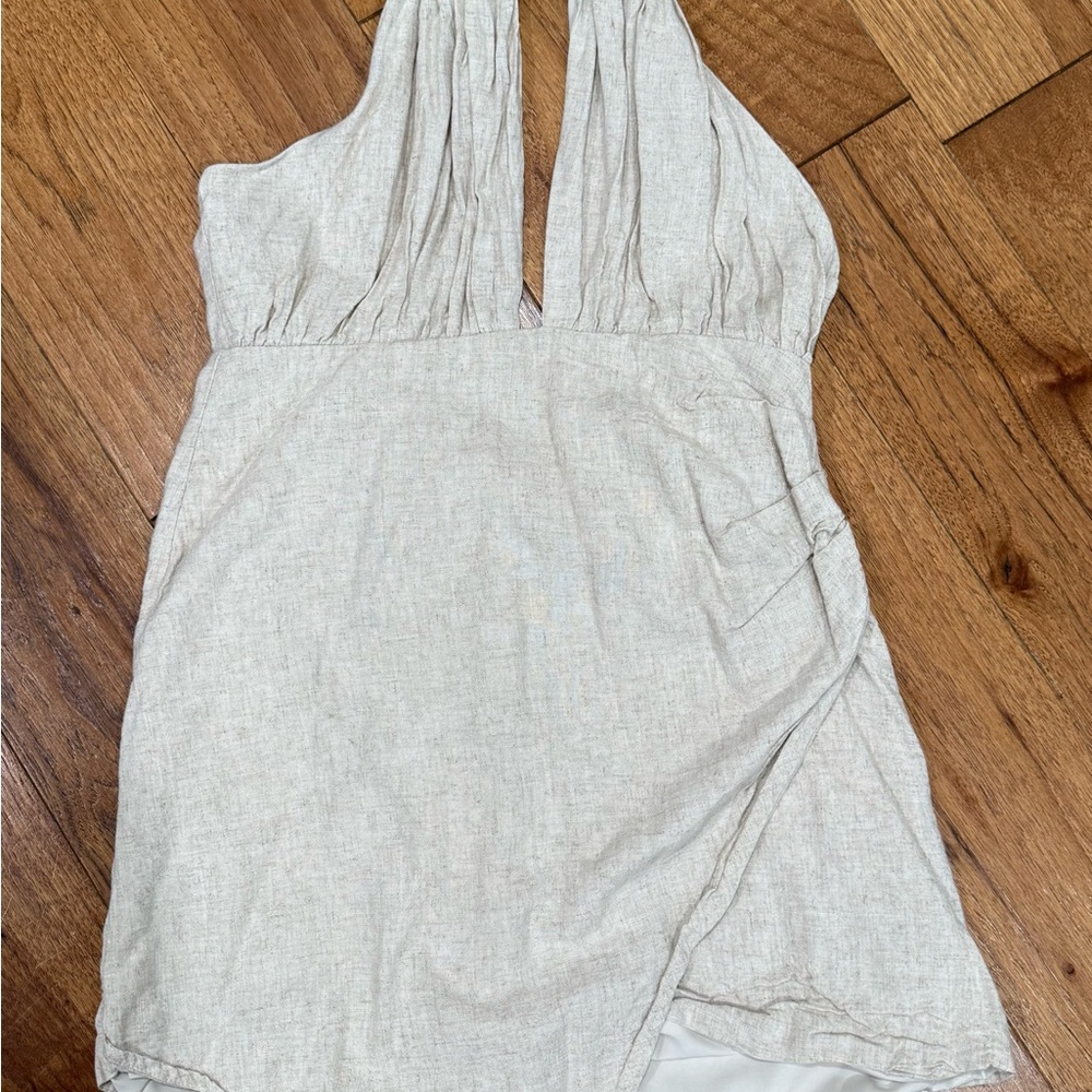 Beige Linen Halter Mini Dress – Boho Chic Style